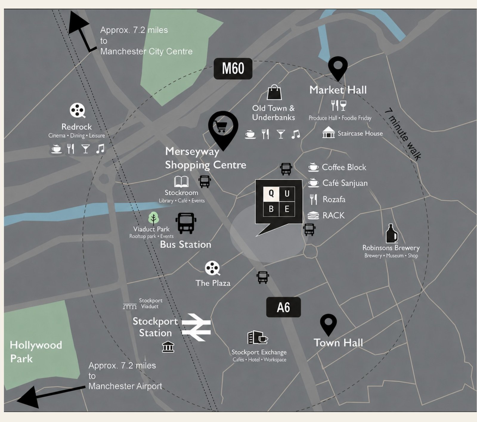 Map of Stockport showing Qube at Petersgate, the transport interchange and Merseyway
