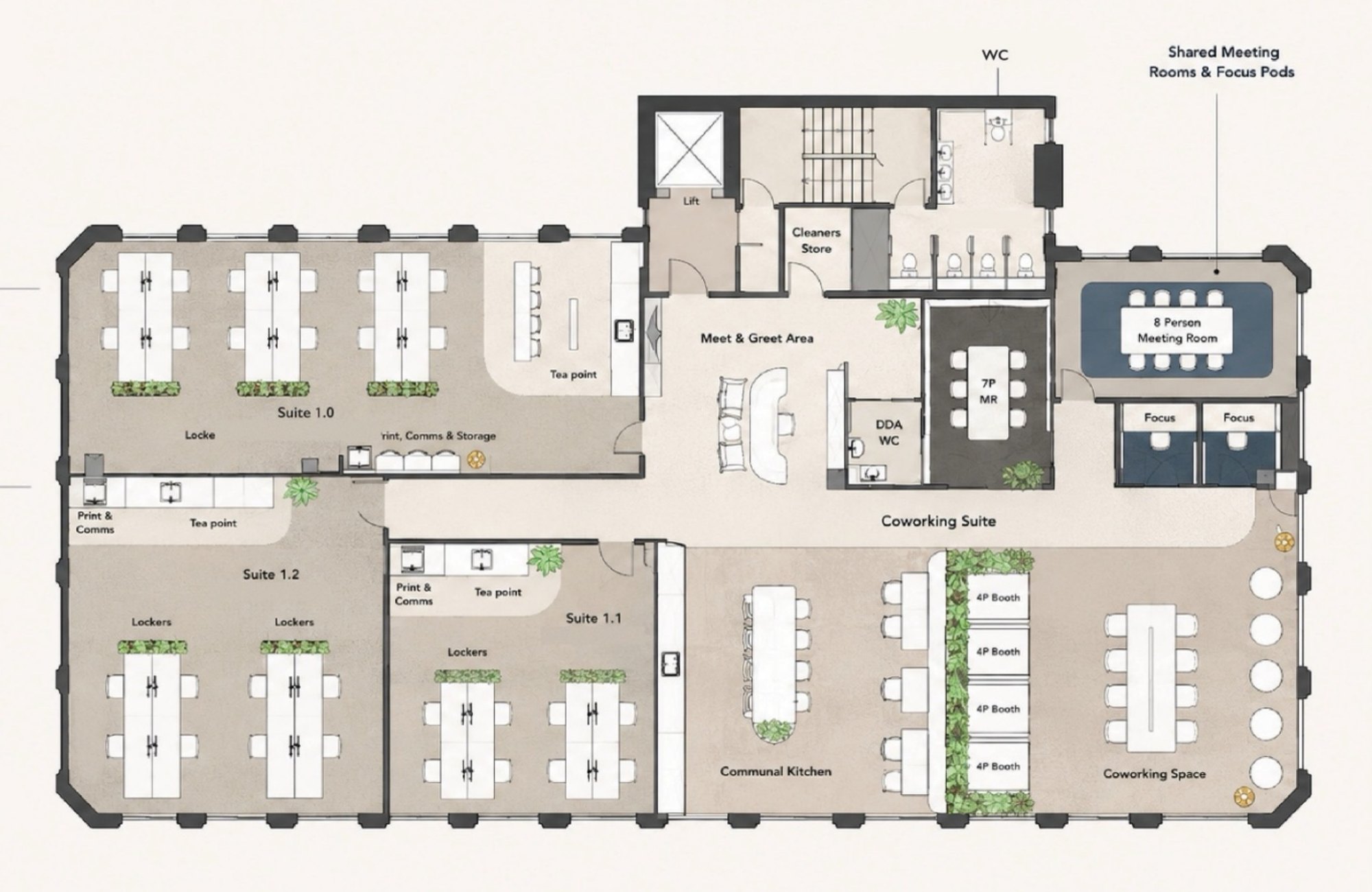 First floor plan showing fitted suites, coworking space, meeting rooms and communal kitchen