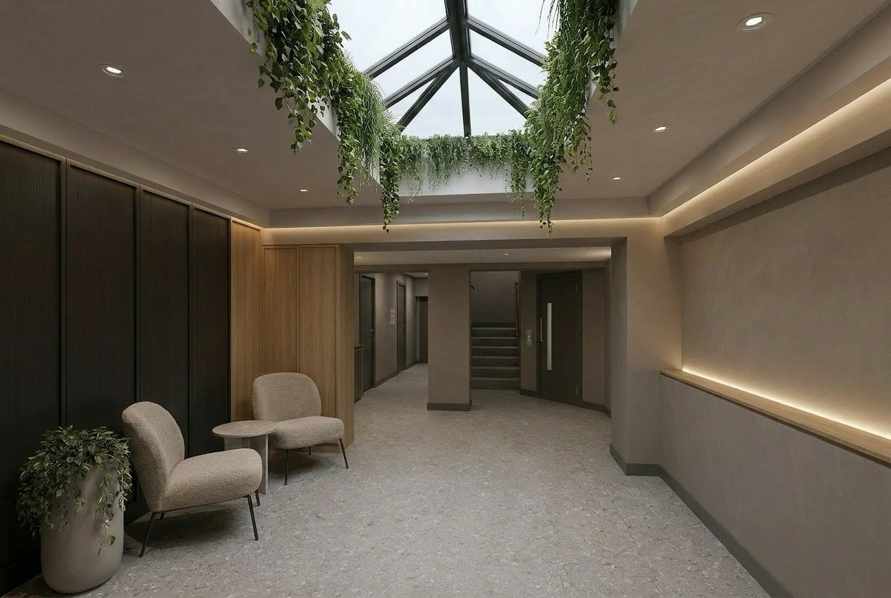 Reception and atrium with planting and rooflight