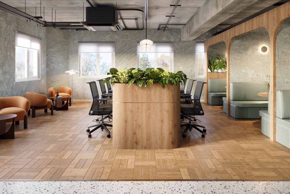Meeting table, booth seating and lounge area