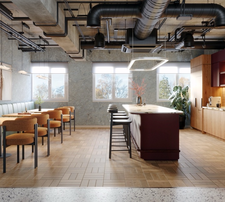 Communal kitchen and breakout area at Qube at Petersgate