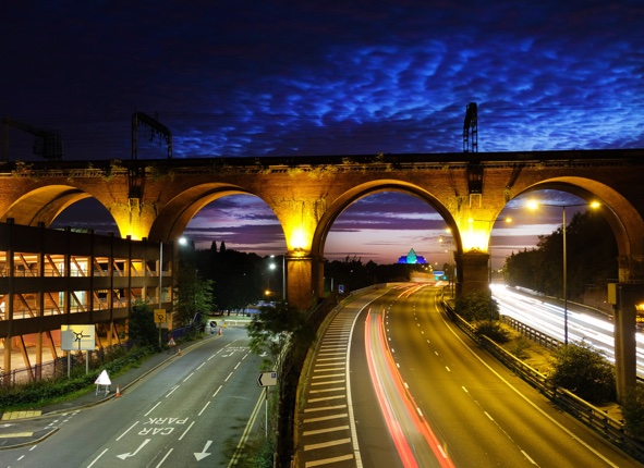 Stockport viaduct at dusk